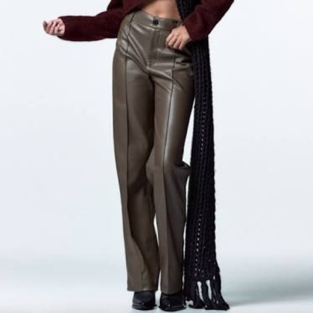 🍂 ZARA ASH BROWN FAUX LEATHER FULL LENGTH STRAIGHT LEG HIGH WAIST PANTS! - Picture 14 of 16